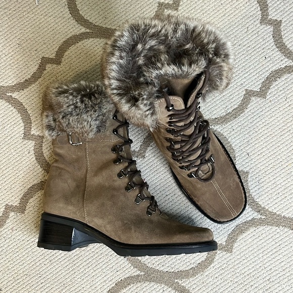 Aquatalia Shoes - AQUATALIA BY MARVIN K BRASS WEATHERPROOF BROWN SUEDE FAUX FUR lace up boots